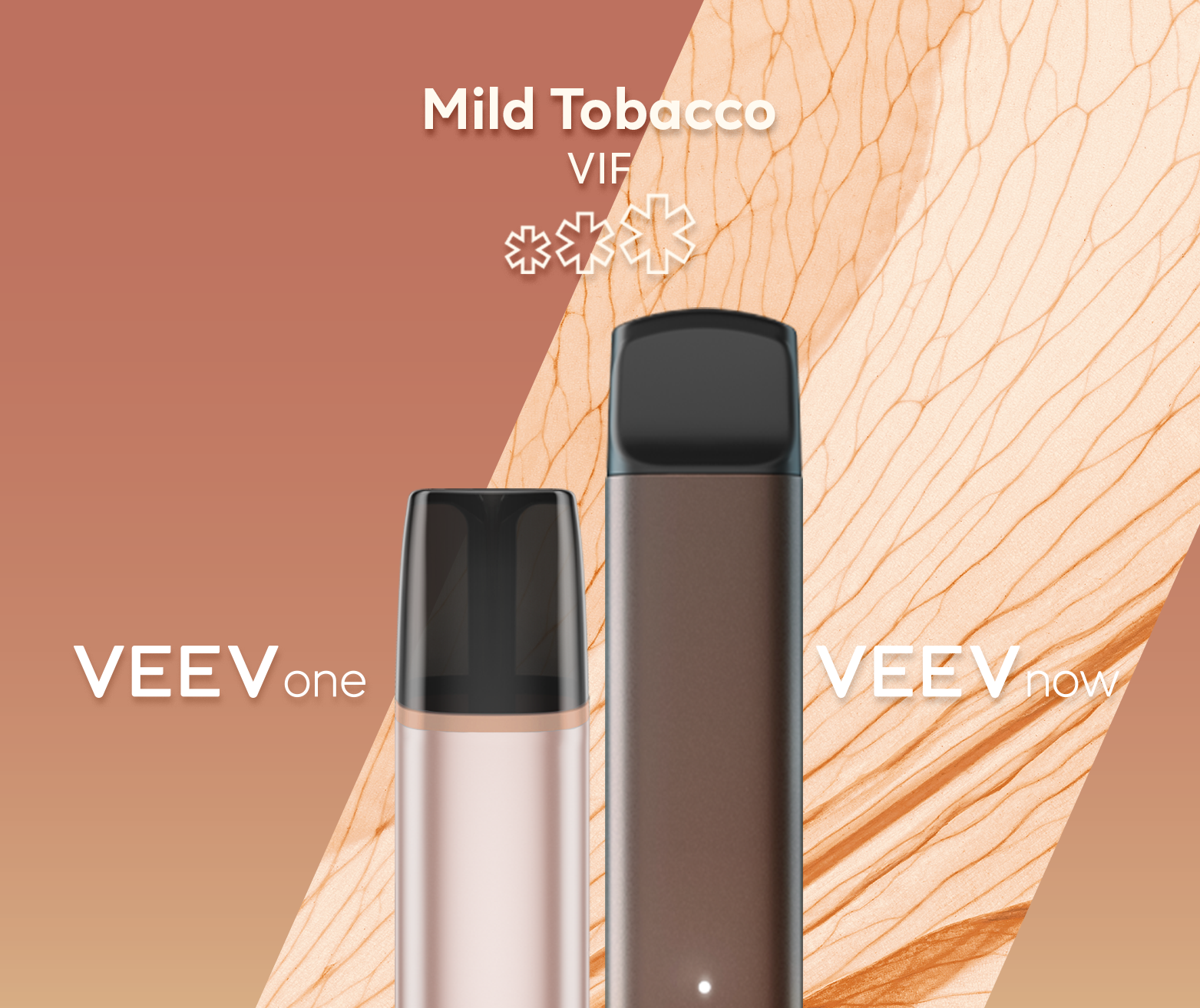 Un appareil à capsule VEEV ONE et un appareil jetable VEEV NOW, tous deux en saveur Mild Tobacco.